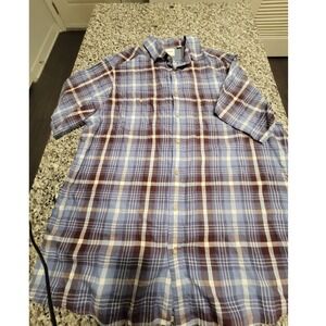 ROWM Plaid Button Down Shirt 2XT Blue Brown White Short Sleeve Men Casual